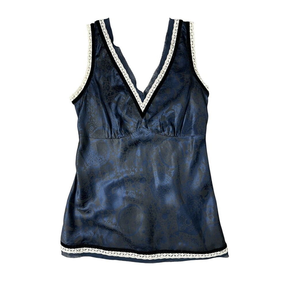 Vintage The Limited Y2K Blue Silk Empire Waist V-Neck Lace Trim Tank Cami Size S